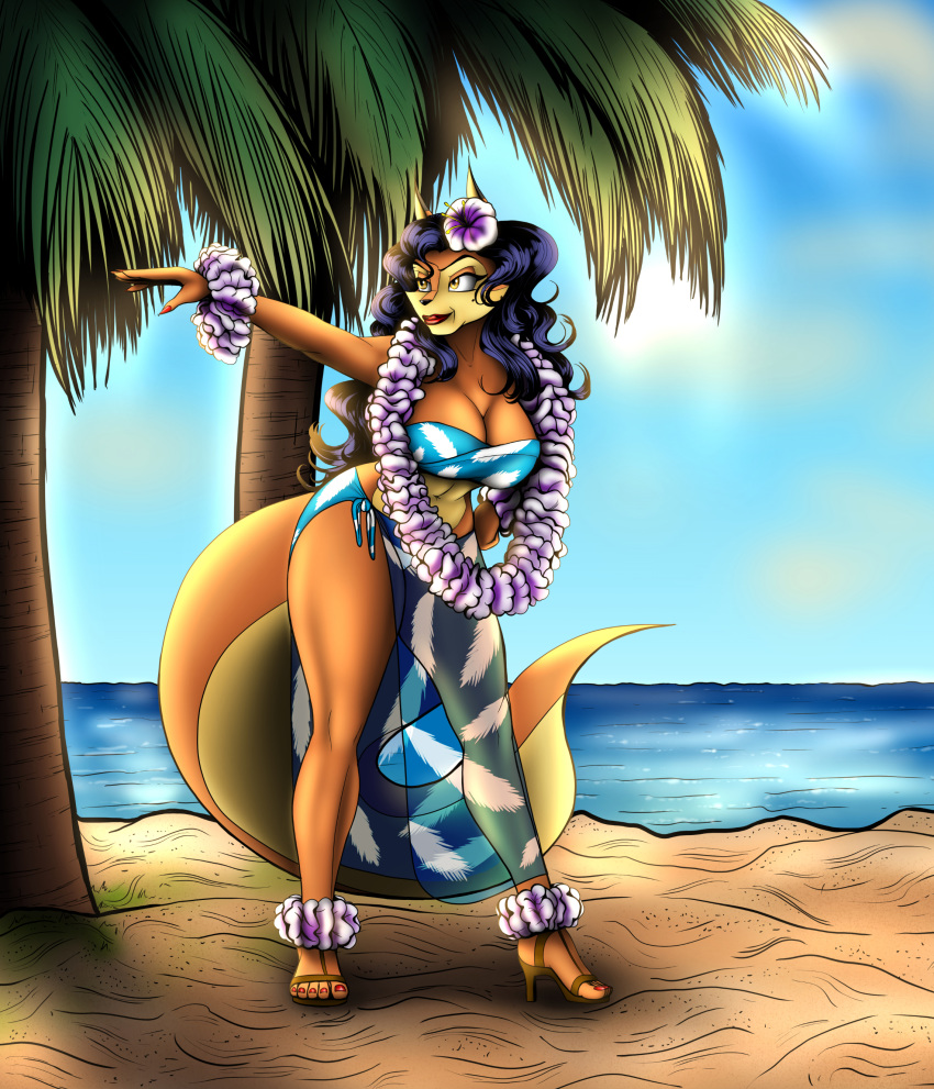 absurd_res amber_eyes anthro astraldog beach bikini blue_hair bottomwear breasts canid canine carmelita_fox cleavage clothed clothing copyright_sony_corporation copyright_sony_interactive_entertainment copyright_sucker_punch_productions female flower flower_in_hair fox fur hair hi_res hula hula_dancer invalid_tag lei mammal navel orange_fur outside plant sand sea seaside skirt sly_cooper_(series) solo sony_corporation sony_interactive_entertainment speices:canid sucker_punch_productions swimwear video_games water