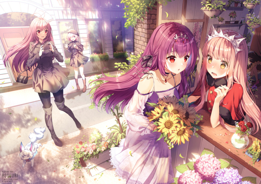 4girls ahoge alternate_costume animal artist_name bag bangs black_bow black_dress black_footwear black_legwear blunt_bangs blush boots bouquet bow brick_wall building capelet cellphone commentary_request creature cup day disposable_cup dress fate/grand_order fate_(series) flower fou_(fate/grand_order) fur-trimmed_capelet fur_trim hair_between_eyes hair_bow hair_over_one_eye handbag hat headpiece heroic_spirit_traveling_outfit holding holding_cellphone holding_phone hydrangea lavender_hair long_hair long_sleeves mash_kyrielight medb_(fate)_(all) multiple_girls nose_blush open_mouth outdoors pantyhose phone pink_flower pink_hair purple_dress purple_eyes purple_flower purple_hair red_capelet red_eyes red_flower red_rose road rose rosuuri scathach_(fate)_(all) scathach_(fate/grand_order) scathach_skadi_(fate/grand_order) short_hair shoulder_bag sidelocks smartphone street sunflower thigh_boots thighhighs tiara vase very_long_hair watermark wavy_mouth web_address yellow_eyes yellow_flower