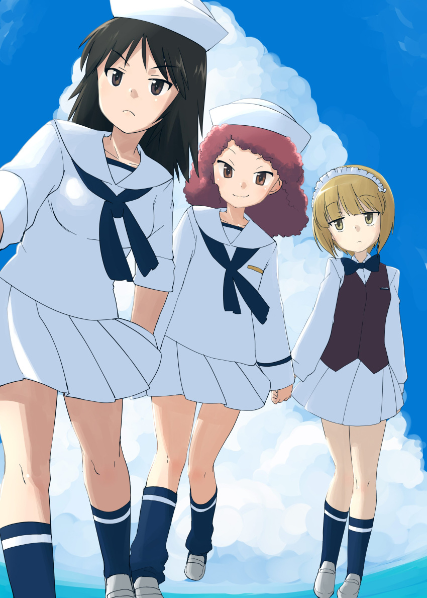 3girls absurdres bangs bartender black_eyes black_hair black_neckwear blonde_hair blouse blue_sky blunt_bangs bow bowtie brown_vest closed_mouth cloud cloudy_sky commentary curly_hair cutlass_(girls_und_panzer) day dixie_cup_hat dress_shirt eyebrows_visible_through_hair frown girls_und_panzer hamahara_yoshio handkerchief hat highres holding_hands loafers long_hair long_sleeves looking_at_viewer loose_socks maid_headdress military_hat miniskirt multiple_girls murakami_(girls_und_panzer) navy_blue_legwear navy_blue_neckwear neckerchief ooarai_naval_school_uniform outdoors pleated_skirt print_legwear red_eyes red_hair rum_(girls_und_panzer) sailor sailor_collar school_uniform shirt shoes short_hair skirt sky sleeves_rolled_up smile socks standing v-shaped_eyebrows vest walking white_blouse white_footwear white_headwear white_shirt white_skirt wing_collar yellow_eyes