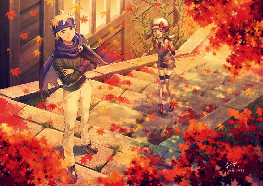 1boy 1girl :d arms_behind_back autumn autumn_leaves black_sweater blonde_hair blue_shorts bow brown_hair cape closed_eyes cropped_arms dappled_sunlight day full_body hair_bow hat headband kotone_(pokemon) leaf long_hair long_sleeves looking_at_viewer maple_leaf matsuba_(pokemon) ooki1089 open_mouth outdoors pants pokemon pokemon_(game) pokemon_hgss purple_cape purple_eyes red_bow red_shirt ribbed_sweater shirt short_shorts shorts smile standing sunlight suspender_shorts suspenders sweater thighhighs torn_cape torn_clothes twitter_username white_headwear white_legwear white_pants