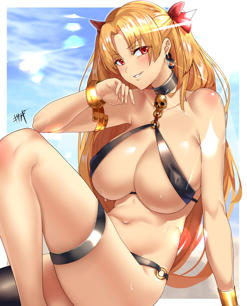 1girl breasts earrings ereshkigal_(fate/grand_order) fate/grand_order fate_(series) highres jewelry kisaragi_(legobionicle23) large_breasts long_hair looking_at_viewer navel o-ring o-ring_bottom red_eyes smile solo