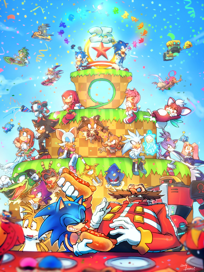 6+boys 6+girls amy_rose anniversary big_the_cat blaze_the_cat cake chao_(sonic) charmy_bee cheese_(sonic) chili_dog chip_(sonic) cream_the_rabbit cubot cupcake dr._eggman dual_persona e-102_gamma e-123_omega espio_the_chameleon everyone food highres jet_the_hawk knuckles_the_echidna laughing marine_the_raccoon metal_sonic multiple_boys multiple_girls orbot party party_popper plate poroi_(poro586) princess_elise_(sonic_the_hedgehog) rouge_the_bat shadow_the_hedgehog shahra silver_the_hedgehog sonic sonic_boom_(game) sonic_the_hedgehog sticks_the_badger storm_the_albatross table tails_(sonic) tikal_the_echidna vector_the_crocodile wave_the_swallow