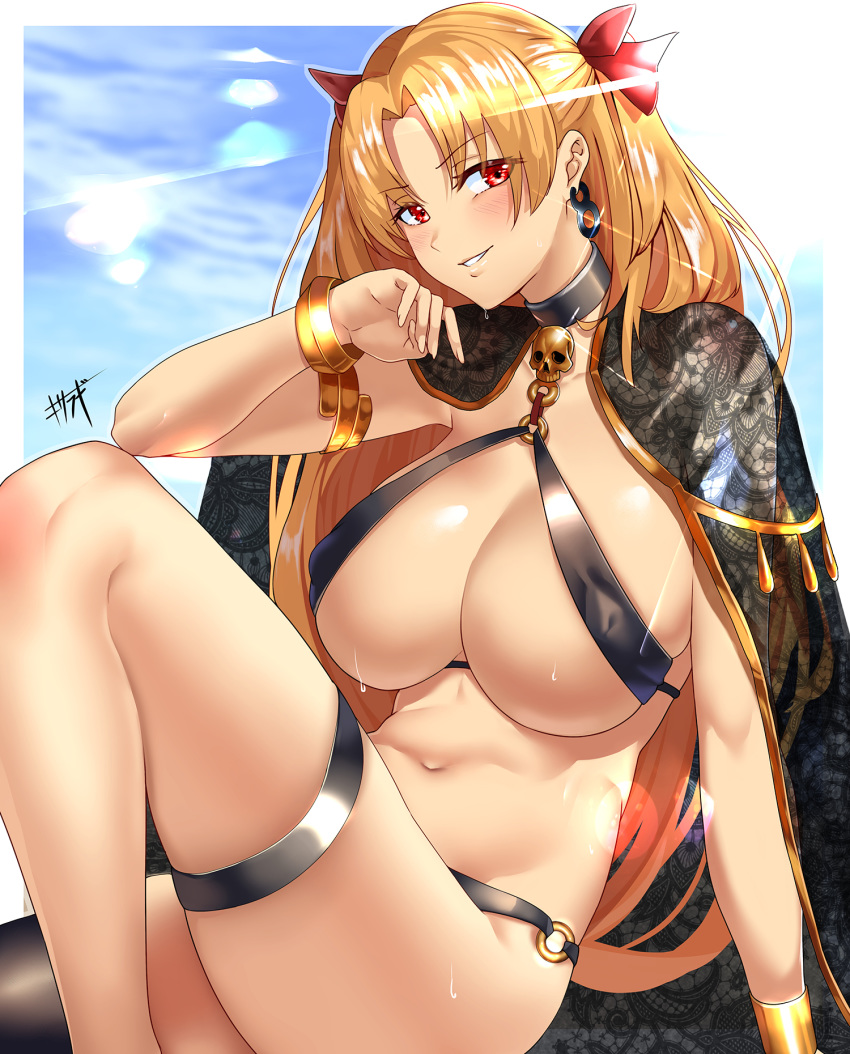 1girl black_cape black_earrings blush bracelet breasts cape commentary_request earrings ereshkigal_(fate/grand_order) eyebrows_visible_through_hair fate/grand_order fate_(series) hair_ribbon highres huge_breasts jewelry kisaragi_(legobionicle23) leg_garter long_hair looking_at_viewer navel o-ring o-ring_bottom red_eyes red_ribbon ribbon signature sitting smile solo sweat