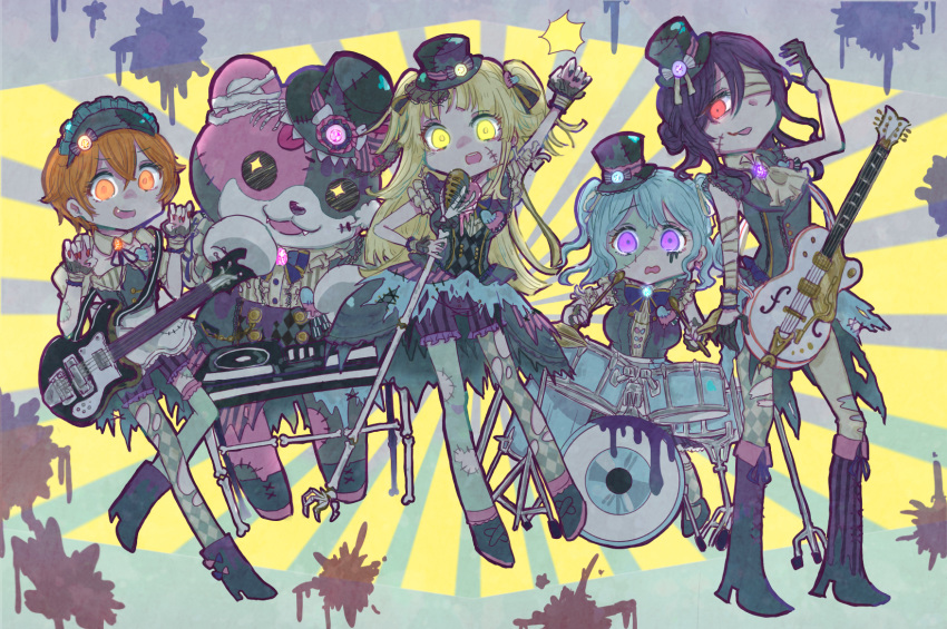 +_+ 5girls :3 :p animal_costume ascot bandaged_arm bandaged_ear bandaged_head bandages bang_dream! bangs bass_guitar bear_costume black_gloves black_headwear black_nails blonde_hair blood blood_splatter blue_hair blue_neckwear bone boots bow bowtie claw_pose commentary_request dj drum drum_set drumsticks electric_guitar fang fangs gloves guitar hair_between_eyes hair_bun half_gloves hat hat_ribbon hello_happy_world! highres holding_microphone_stand instrument kitazawa_hagumi long_hair mascot_costume matsubara_kanon michelle_(bang_dream!) microphone_stand multiple_girls nurse_cap orange_eyes orange_hair patchwork_skin phonograph pine_(pineapple5459) purple_eyes purple_hair raised_fist red_eyes red_nails ribbon seta_kaoru short_hair shorts standing stitches striped sunburst sunburst_background thighhighs tongue tongue_out top_hat torn_clothes torn_legwear tsurumaki_kokoro turntable two_side_up vertical-striped_shorts vertical_stripes yellow_eyes zombie