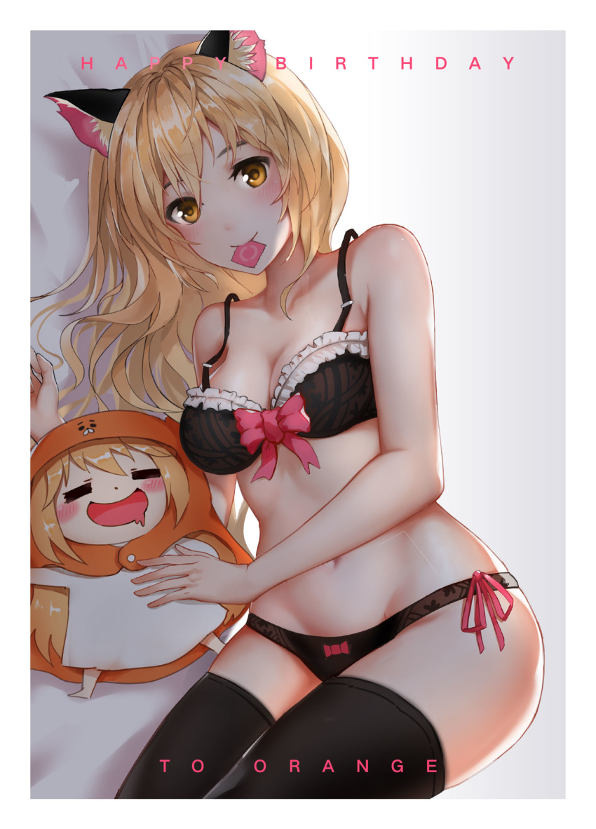 1girl animal_ears bare_arms bare_shoulders black_bra black_legwear black_panties blonde_hair blush bow bra breasts brown_eyes cat_ears commentary_request condom condom_wrapper doma_umaru fourzhou hamster_costume highres himouto!_umaru-chan in_mouth long_hair looking_at_viewer medium_breasts multiple_views navel panties red_bow red_ribbon ribbon smile thighhighs underwear