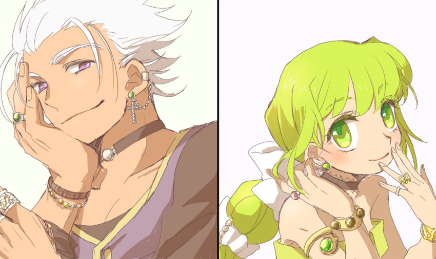 1boy 1girl bare_shoulders bow choker closed_mouth commentary_request earrings green_eyes green_hair hair_ribbon jewelry long_hair multi-tied_hair oknmt ponytail purple_eyes ribbon ring roberto saga saga_frontier_2 simple_background smile virginia_knights white_background