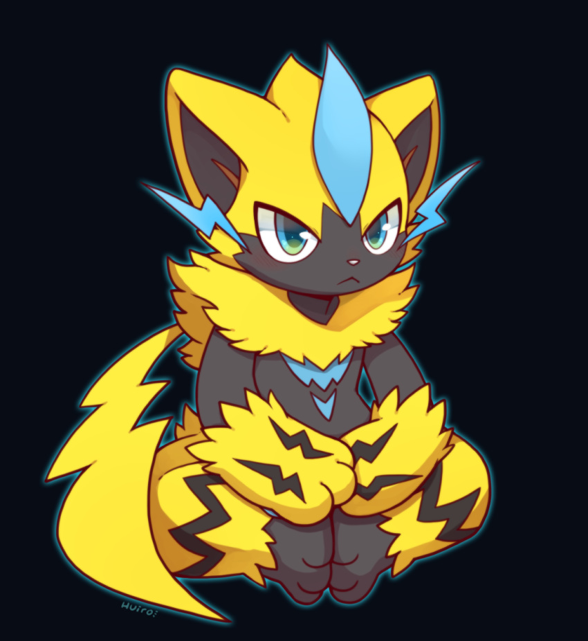 ambiguous_gender black_background blue_eyes felid fur hi_res huiro legendary_pok&eacute;mon mammal nintendo pok&eacute;mon pok&eacute;mon_(species) pouting simple_background sitting solo video_games yellow_fur zeraora