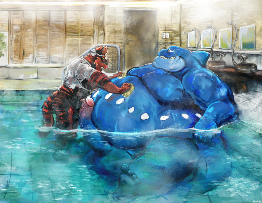 2019 4_toes 5_fingers abs accessory anthro anthro_on_anthro anthrofied aokmaidu balls bath bathhouse bathing belly big_balls big_belly big_penis biped black_balls black_fur black_penis black_tail blue_balls blue_body blue_penis blue_tail blush bottomless cetacean cheek_tuft clothed clothing digital_media_(artwork) digital_painting_(artwork) door dorsal_fin ears_front embarrassed erection eye_contact eye_markings facial_markings feet felid fin fingers frottage frown fur fur_tuft glans glistening glistening_body hands_on_belly head_markings head_tuft headband hi_res huge_balls humanoid_feet humanoid_hands humanoid_penis hyper hyper_balls hyper_belly hyper_penis incineroar inside interspecies leaning leaning_forward long_tail looking_aside looking_at_another looking_away male male/male mammal marine markings mirror moobs mostly_nude multicolored_fur muscular muscular_male nintendo nipples nude obese obese_male open_shirt overweight overweight_male pantherine partially_submerged pecs penis penis_size_difference personal_grooming pink_glans pink_nipples pink_nose plantigrade pok&eacute;mon pok&eacute;mon_(species) pok&eacute;morph red_fur red_tail sex sharp_teeth shirt shower_head sitting size_difference smile smirk smug snout social_grooming soles sponge sponge_bath spots spotted_body standing steam striped_fur striped_tail stripes tail_fin teeth toes topwear translucent translucent_clothing translucent_shirt translucent_topwear tuft two_tone_body two_tone_fur two_tone_tail uncut video_games water wet wet_body wet_clothing wet_fur wet_shirt wet_topwear whiskers white_body white_clothing white_markings white_shirt white_spots white_topwear window wishiwashi wishiwashi_(school_form) yellow_sclera