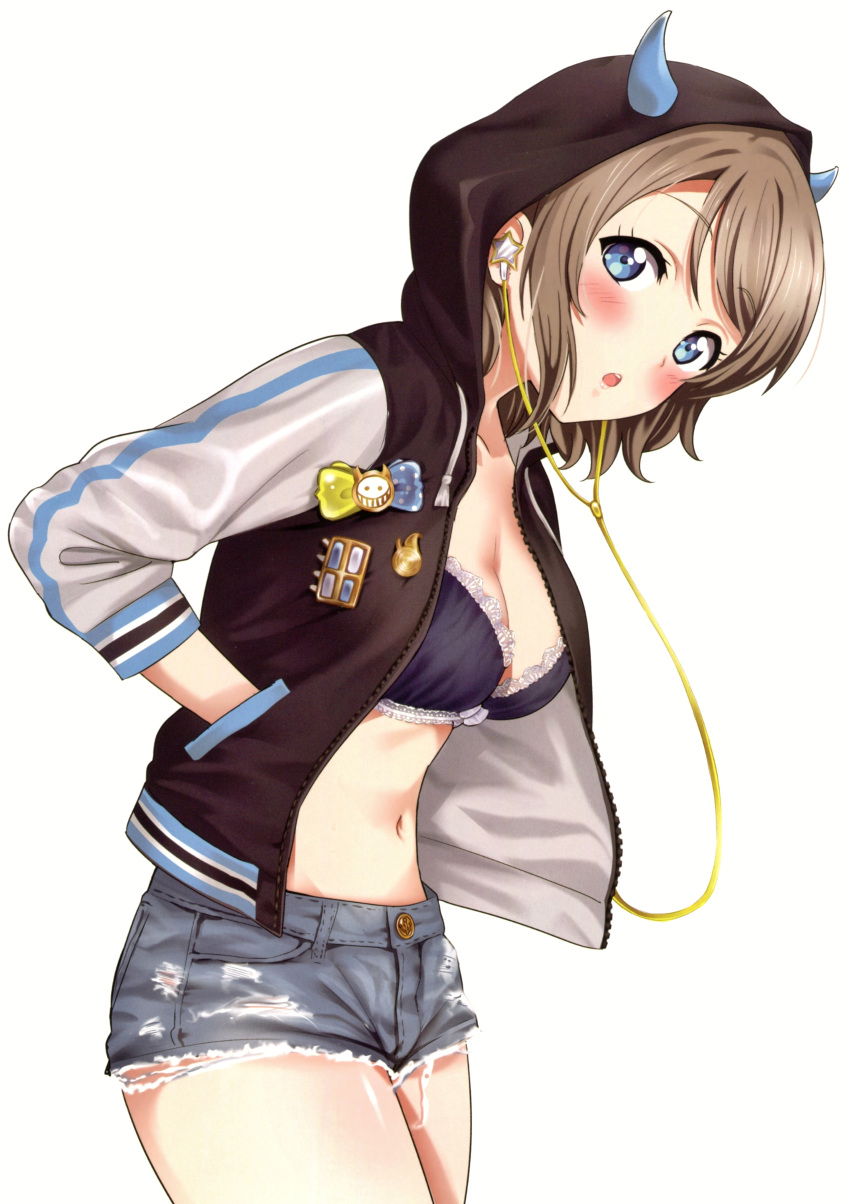 1girl :o absurdres badge bangs blue_bra blue_eyes blush bow bow_bra bra breasts brown_hair cleavage cutoffs denim denim_shorts earphones eyebrows_visible_through_hair hand_in_pocket highres hood hooded_jacket horned_hood jacket lace lace-trimmed_bra looking_at_viewer love_live! love_live!_sunshine!! medium_breasts midriff navel rozen5 scan short_hair short_shorts shorts simple_background solo star underwear watanabe_you white_background