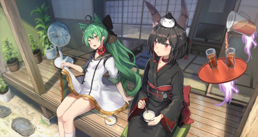 2girls akashi_(azur_lane) animal_ears azur_lane bangs bell bell_choker black_hair black_kimono black_sailor_collar blunt_bangs blush bow building bunny_ears cat_ears choker cup day dress drinking_glass electric_fan facing_viewer fake_animal_ears fang food green_hair hair_between_eyes hitodama ice_cream japanese_clothes jingle_bell jug kimono multiple_girls open_mouth plant ponytail potted_plant red_bow red_eyes sailor_collar shiranui_(azur_lane) short_hair sitting sliding_doors television tray white_dress yu_ni_t