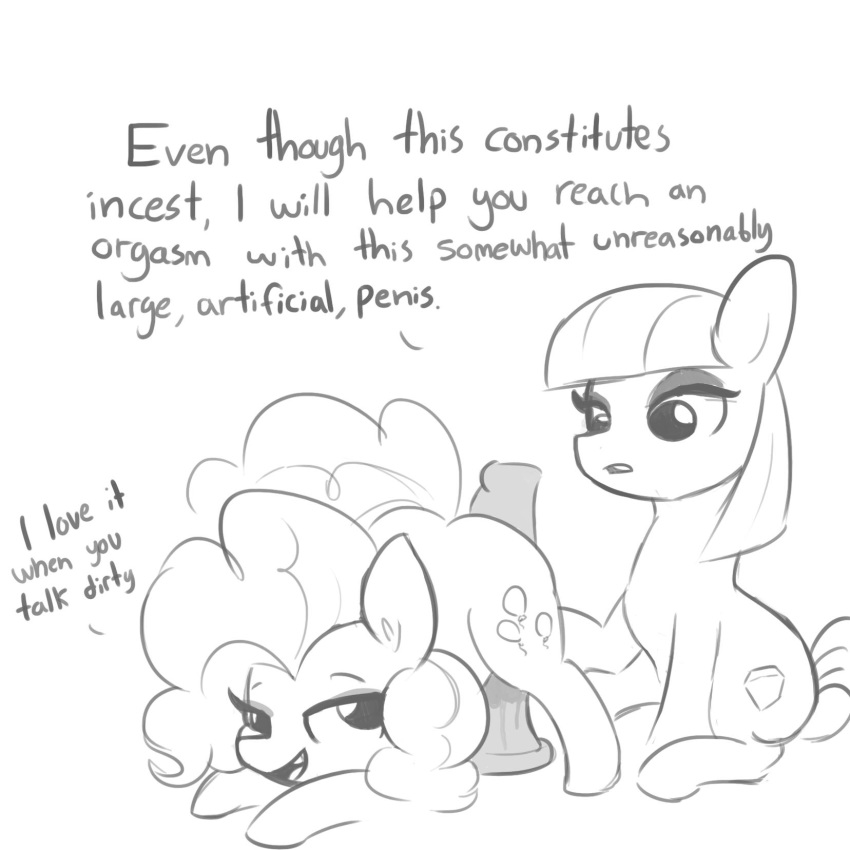 1:1 2019 cutie_mark dialogue dildo duo earth_pony english_text equid equine female female/female feral friendship_is_magic greyscale hair hi_res horse incest mammal maud_pie_(mlp) monochrome my_little_pony pinkie_pie_(mlp) pony sex_toy sibling sister sisters text tjpones