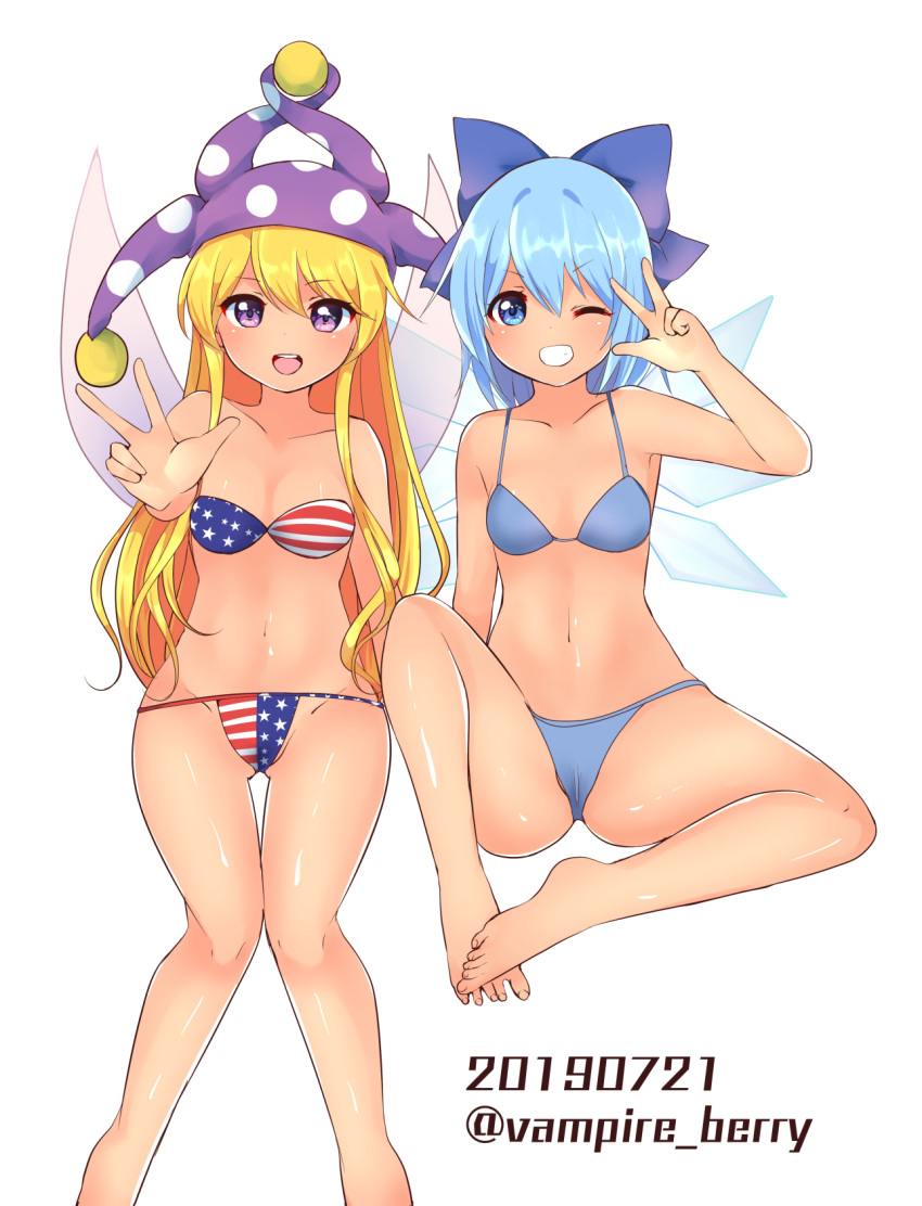 2girls american_flag_bikini arm_up artist_name ass bandeau bangs bare_arms bare_legs bare_shoulders barefoot bikini blonde_hair blue_bikini blue_bow blue_eyes blue_hair bow breasts cameltoe cirno clownpiece commentary_request eyebrows_visible_through_hair fairy_wings feet_out_of_frame flag_print grin groin hair_between_eyes hair_bow hat highres ice ice_wings jester_cap knee_up long_hair looking_at_viewer multiple_girls navel one_eye_closed open_mouth ougi_hina polka_dot polka_dot_hat purple_eyes purple_headwear red_bikini short_hair sidelocks sitting small_breasts smile standing star star_print stomach strapless strapless_bikini striped striped_bikini swimsuit tan thighs touhou twitter_username very_long_hair w white_bikini wings