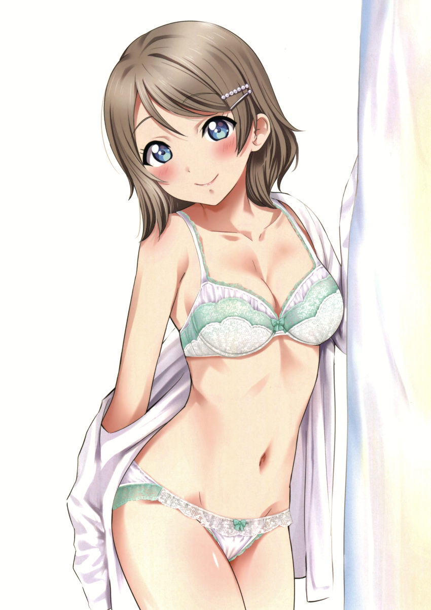 1girl absurdres bangs bare_shoulders blue_eyes blush bow bow_bra bow_panties bra breasts brown_hair cleavage closed_mouth collarbone cowboy_shot curtains eyebrows_visible_through_hair hair_ornament hairclip highres lace lace-trimmed_bra lace-trimmed_panties lingerie lips looking_at_viewer love_live! love_live!_sunshine!! medium_breasts navel off_shoulder panties rozen5 scan shiny shiny_hair shiny_skin shirt short_hair simple_background skirt smile solo stomach thighs underwear underwear_only undressing watanabe_you white_background white_shirt white_skirt