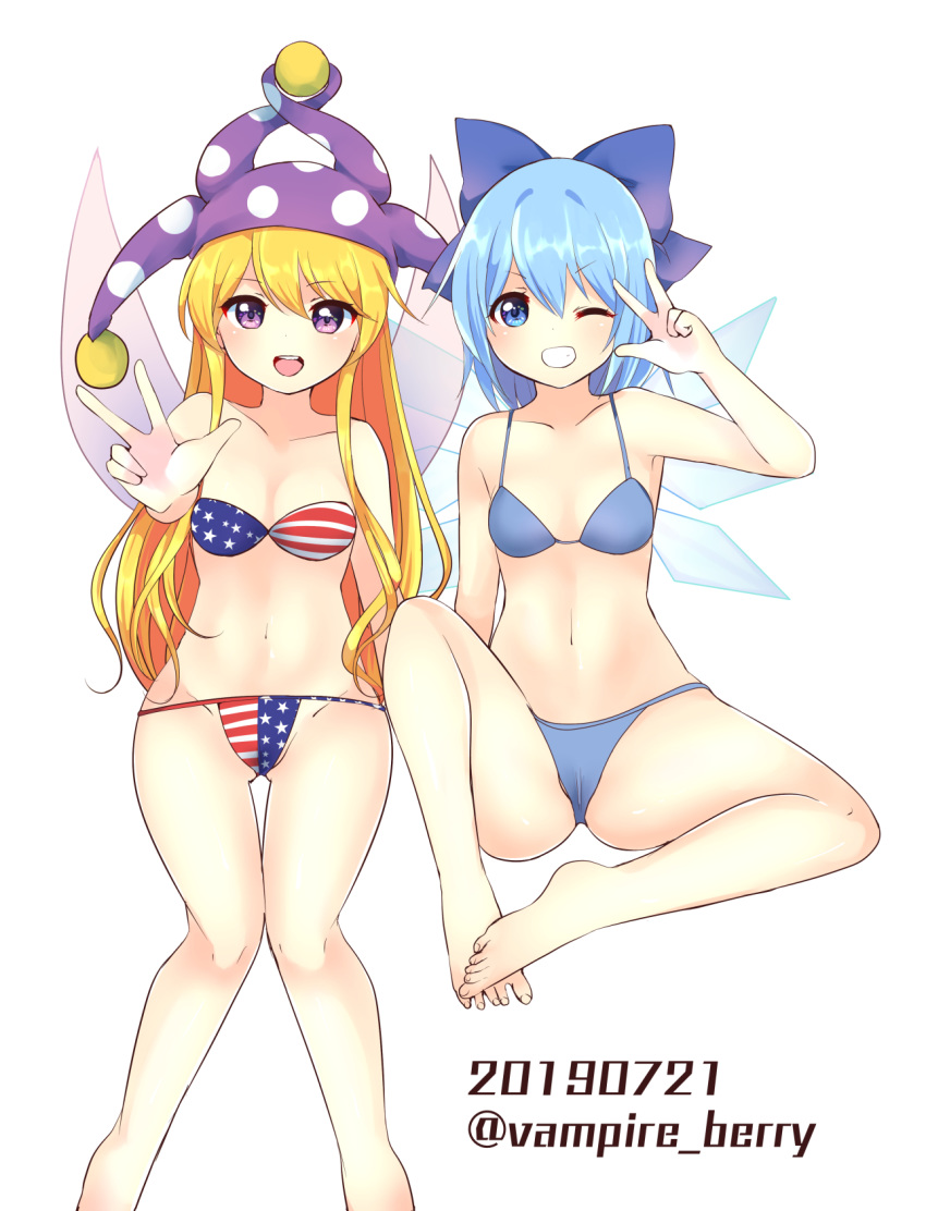 2girls american_flag_bikini arm_up artist_name ass bandeau bangs bare_arms bare_legs bare_shoulders barefoot bikini blonde_hair blue_bikini blue_bow blue_eyes blue_hair bow breasts cameltoe cirno clownpiece commentary_request eyebrows_visible_through_hair fairy_wings feet_out_of_frame flag_print grin groin hair_between_eyes hair_bow hat highres ice ice_wings jester_cap knee_up long_hair looking_at_viewer multiple_girls navel one_eye_closed open_mouth ougi_hina polka_dot polka_dot_hat purple_eyes purple_headwear red_bikini short_hair sidelocks sitting small_breasts smile standing star star_print stomach strapless strapless_bikini striped striped_bikini swimsuit thighs touhou twitter_username very_long_hair w white_bikini wings
