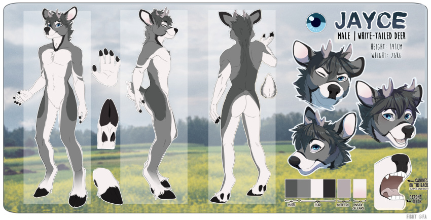 2019 5_fingers anthro black_hooves cervid fight_(artist) fingers fur grey_fur hooves male mammal model_sheet solo standing white_fur