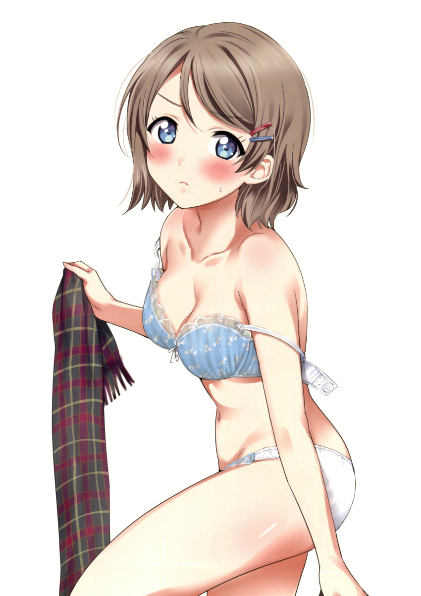 1girl absurdres bangs bare_arms bare_shoulders blue_bra blue_eyes blush bow bow_bra bra breasts brown_hair cleavage closed_mouth collarbone eyebrows_visible_through_hair hair_ornament hairclip highres lingerie lips looking_at_viewer love_live! love_live!_sunshine!! medium_breasts navel panties rozen5 scan scarf shiny shiny_hair shiny_skin short_hair simple_background solo star star_print stomach sweatdrop thighs underwear underwear_only unfastened watanabe_you white_background white_panties