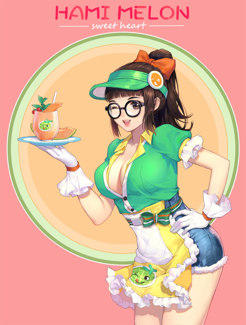 1girl absurdres alternate_costume alternate_hairstyle apron bow breasts brown_eyes brown_hair buttons cherry cleavage collared_shirt cowboy_shot cup denim denim_shorts drinking_straw english_text food frilled_apron frilled_shirt frills fruit glasses gloves green_shirt hair_bow hand_on_hip highres holding holding_saucer honeydew_mei large_breasts leaning_forward medium_hair mei_(overwatch) melon no_bra one_eye_closed open_mouth orange_background orange_bow overwatch partially_unbuttoned pink_background pink_lips ponytail print_apron qi_kou round_eyewear saucer shirt short_sleeves shorts simple_background smile solo thighs upper_teeth visor_cap white_gloves