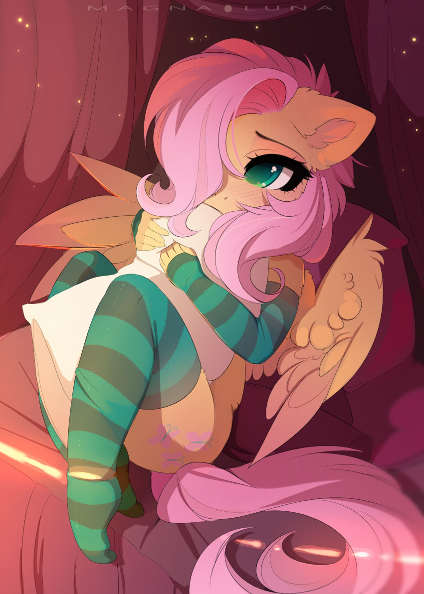 2019 absurd_res anthro anthrofied armwear blue_eyes blush clothing elbow_gloves equid equine female fluttershy_(mlp) friendship_is_magic gloves handwear hi_res legwear magnaluna mammal my_little_pony pillow pterippus shy socks wings