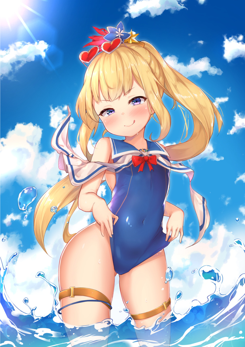 1girl bangs bare_shoulders blonde_hair blue_sky blue_swimsuit blush breasts cagliostro_(granblue_fantasy) closed_mouth covered_navel eyewear_on_head flower granblue_fantasy hair_flower hair_ornament heart heart-shaped_eyewear highleg highleg_swimsuit highres lens_flare licking long_hair looking_at_viewer ocean one-piece_swimsuit ponytail purple_eyes sailor_collar sky smile solo sunglasses sunlight swimsuit swimsuit_pull thigh_strap thighs tiguruvurumudo_vuorun wading water