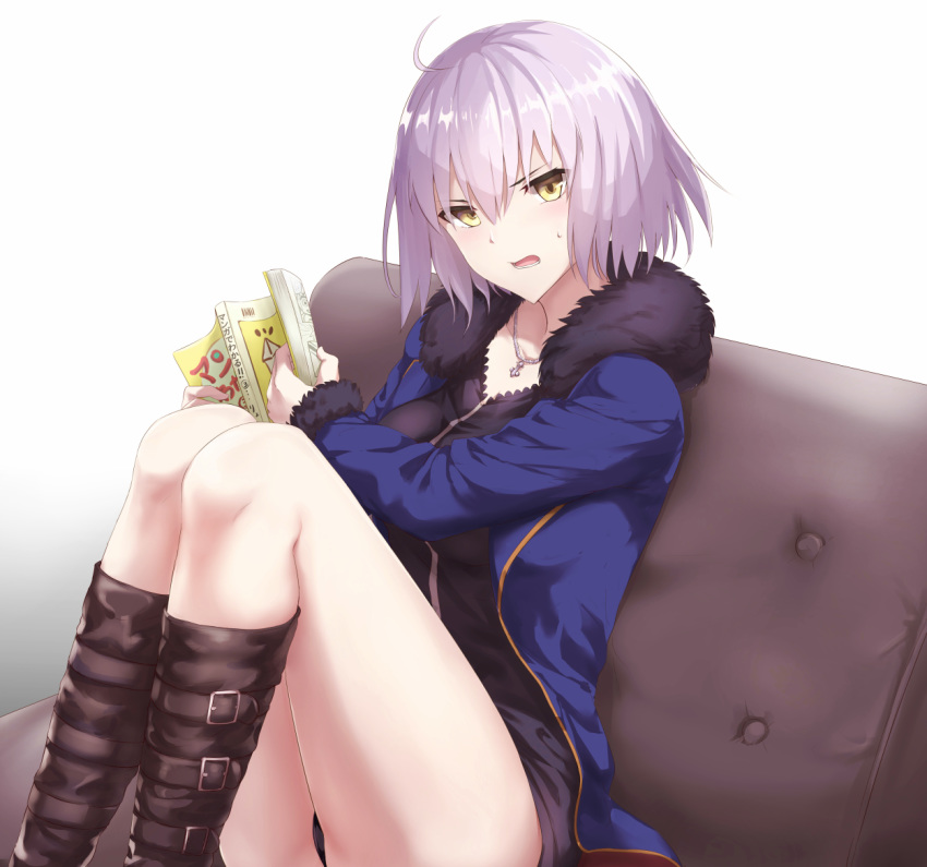 1girl ahoge black_dress black_footwear black_panties blue_coat book boots coat dress fate/grand_order fate_(series) fur-trimmed_coat fur-trimmed_sleeves fur_trim hair_between_eyes holding jeanne_d'arc_(alter)_(fate) jeanne_d'arc_(fate)_(all) jewelry knee_boots long_sleeves necklace open_book open_clothes open_coat open_mouth panties sakaokasan shiny shiny_hair short_dress short_hair silver_hair simple_background sitting solo sweatdrop underwear white_background yellow_eyes