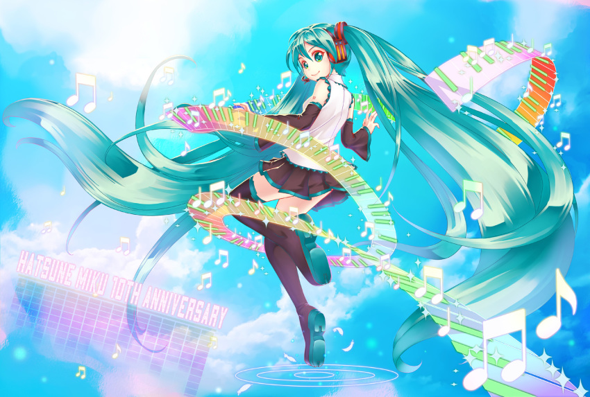 1girl black_footwear black_skirt black_sleeves blue_hair blue_sky boots closed_mouth cloud crazypen detached_sleeves floating_hair frilled_shirt frills from_behind full_body green_eyes hair_between_eyes hair_ornament hatsune_miku highres long_hair long_sleeves looking_at_viewer microphone miniskirt musical_note pleated_skirt shiny shiny_hair shirt skirt sky sleeveless sleeveless_shirt smile solo sunlight thigh_boots thighhighs very_long_hair vocaloid white_shirt zettai_ryouiki