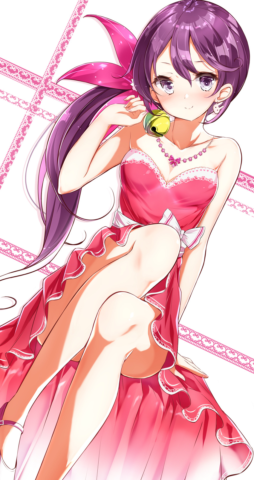 1girl absurdres ahoge akebono_(kantai_collection) bangs bare_shoulders bell blush breasts bunny_earrings collarbone commentary_request dress dutch_angle earrings flower hair_bell hair_between_eyes hair_flower hair_ornament hand_up head_tilt highres jewelry jingle_bell kantai_collection kengorou_saemon_ii_sei knee_up long_hair necklace pink_footwear purple_eyes purple_hair red_dress shoes side_ponytail sidelocks sitting small_breasts smile strapless strapless_dress very_long_hair