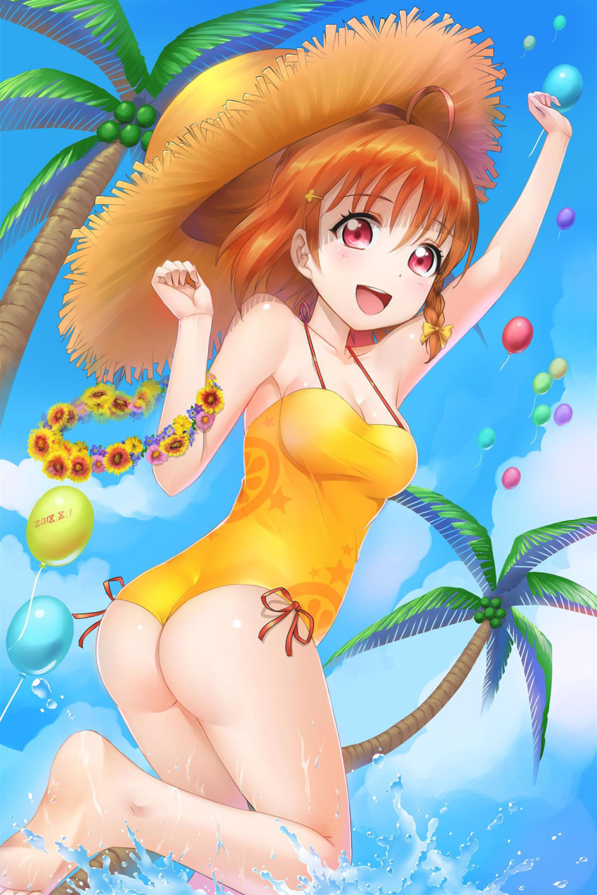 1girl :d ahoge arm_up ass balloon blue_sky blush bow braid breasts brown_hair casual_one-piece_swimsuit cleavage collarbone crazypen hair_between_eyes hair_bow hair_ribbon hat highres leg_up looking_at_viewer love_live! love_live!_sunshine!! medium_breasts one-piece_swimsuit open_mouth palm_tree print_swimsuit red_eyes red_ribbon ribbon shiny shiny_hair shiny_skin short_hair side_braid single_braid sky smile solo standing standing_on_one_leg straw_hat summer sun_hat swimsuit takami_chika tree yellow_bow yellow_headwear yellow_swimsuit