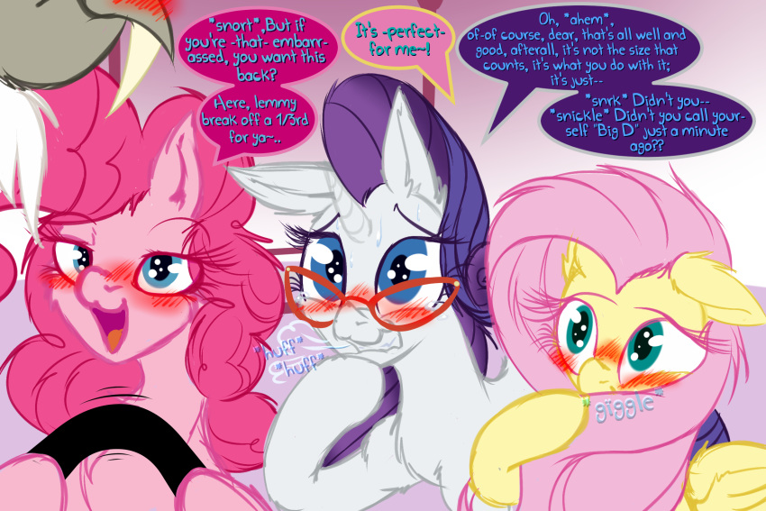 2019 blue_eyes blush breath censor_bar discord_(mlp) draconequus english_text equid equine eyewear female fluttershy_(mlp) friendship_is_magic frist44 glasses group hi_res horn horse humiliation inside laugh mammal my_little_pony open_mouth pinkie_pie_(mlp) pony rarity_(mlp) small_penis_humiliation speech_bubble text unicorn wings