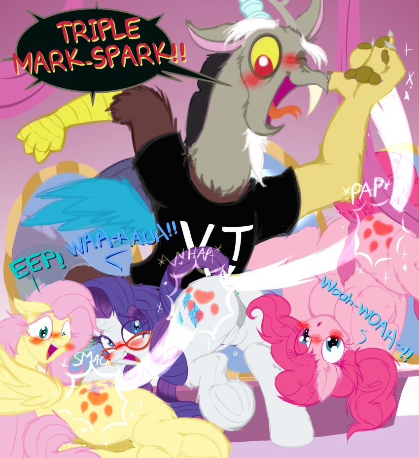 2019 absurd_res anus ass_up breasts discord_(mlp) draconequus english_text equid equine female fluttershy_(mlp) friendship_is_magic frist44 group guiche_piercing happy hi_res horn horse inside lying male mammal my_little_pony nipples on_side piercing pinkie_pie_(mlp) pony pussy quadruped raised_tail rarity_(mlp) spank_marks spanking speech_bubble text unicorn upside_down wings