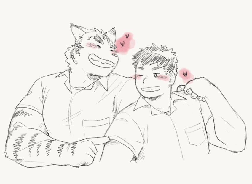 &lt;3 blush duo felid grin hand_on_shoulder hi_res hiroyuki_(morenatsu) human jeck male mammal morenatsu muscular muscular_male pantherine poking smile tiger torahiko_(morenatsu)