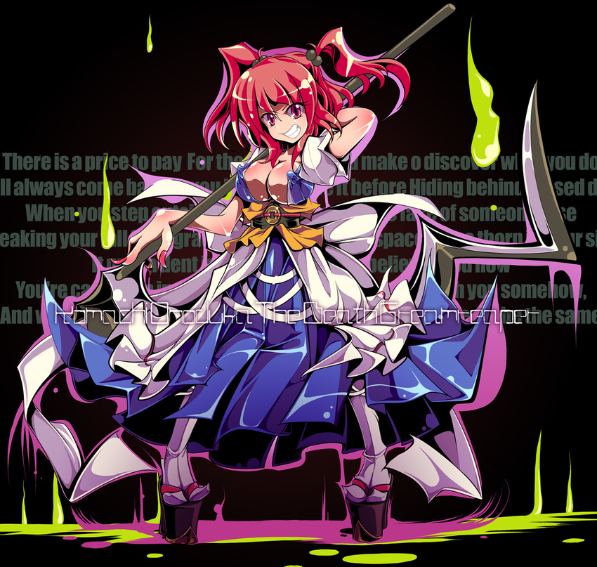 alternate_weapon breasts cleavage clog_sandals covered_nipples engrish grin hair_bobbles hair_ornament high_heels ichirino_minagi impossible_clothes large_breasts onozuka_komachi platform_footwear platform_heels ranguage red_eyes red_hair scythe shoes short_hair smile solo tabi touhou two_side_up weapon