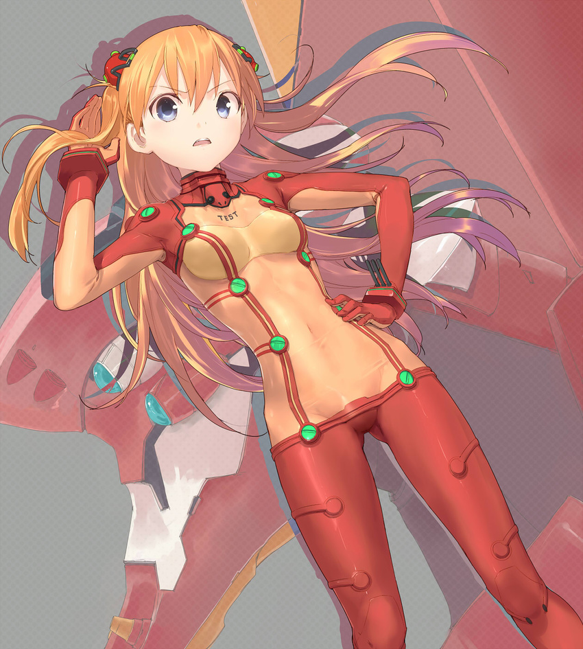 blue_eyes bodysuit eva_02 evangelion:_2.0_you_can_(not)_advance hand_on_hip highres long_hair mecha multicolored multicolored_bodysuit multicolored_clothes navel neon_genesis_evangelion open_mouth orange_bodysuit orange_hair plugsuit rebuild_of_evangelion red_bodysuit shikinami_asuka_langley solo souryuu_asuka_langley test_plugsuit tight uni