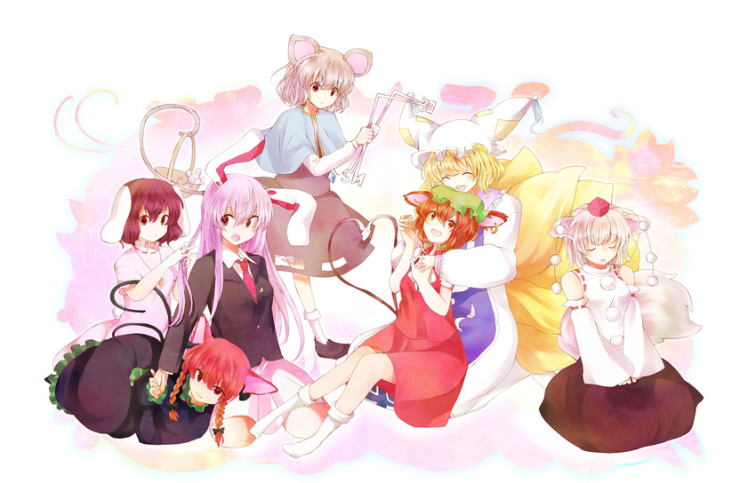 :3 adjusting_hair animal_ears bad_id bad_pixiv_id basket braid braiding_hair brown_eyes brown_hair bunny_ears bunny_tail capelet cat_ears cat_tail chen closed_eyes detached_sleeves dowsing_rod fox_tail grey_hair hairdressing happy hat heart heart_tail highres holding_hands hug hug_from_behind inaba_tewi inubashiri_momiji kaenbyou_rin long_hair looking_at_viewer mouse mouse_ears mouse_tail multiple_girls nazrin pink_hair red_eyes red_hair reisen_udongein_inaba short_hair silver_hair surumeri_(baneiro) tail tokin_hat touhou twin_braids wolf_ears wolf_tail yakumo_ran