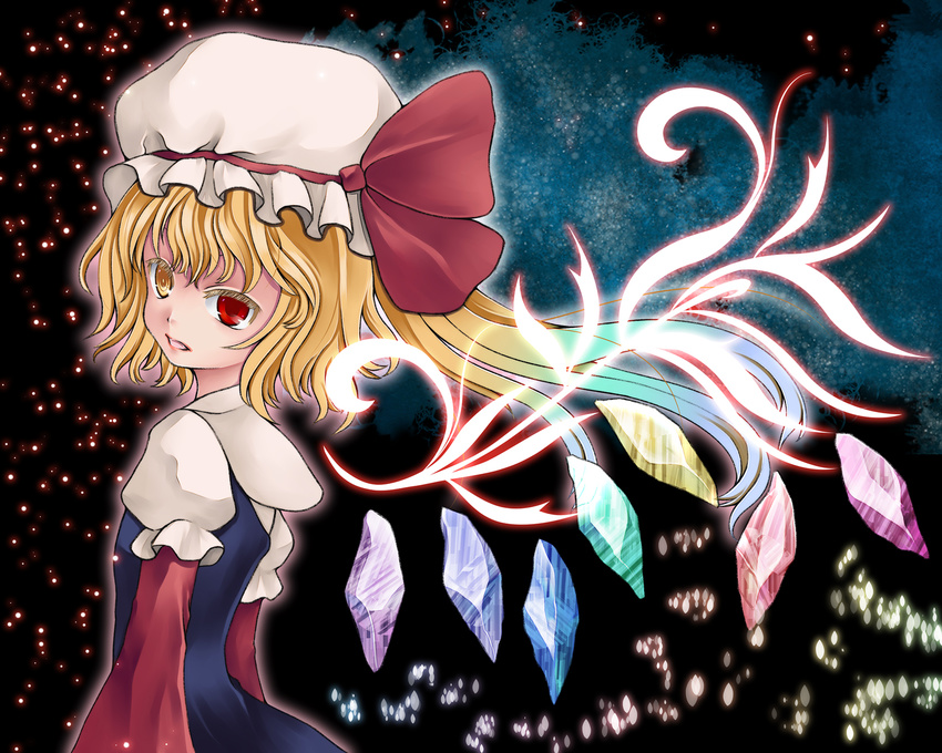 alternate_wings blonde_hair flandre_scarlet gradient_hair hat hat_ribbon heterochromia highres multicolored_hair ponytail red_eyes ribbon shiro_karasu_(hakua) side_ponytail solo touhou wings yellow_eyes