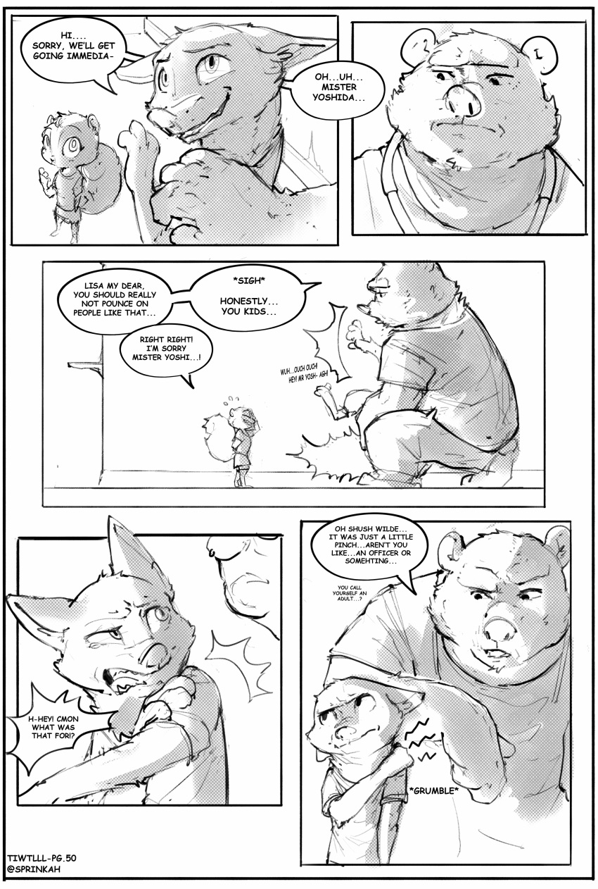 2018 anthro barefoot bear canine clothed clothing comic dialogue disney english_text fox greyscale group male mammal monochrome nick_wilde rodent screentone speech_bubble sprinkah squirrel standing text zootopia