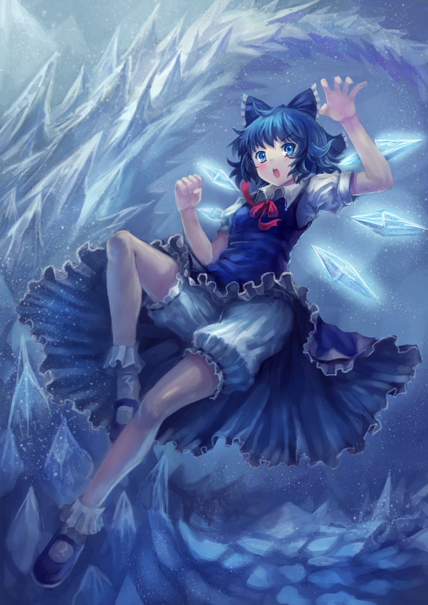 absurdres bad_id bad_pixiv_id bloomers blue blue_eyes blue_hair blush bow cirno dress hair_bow hands highres ice mary_janes open_mouth shoes short_hair snow solo spikes touhou underwear upskirt wings yinzhai