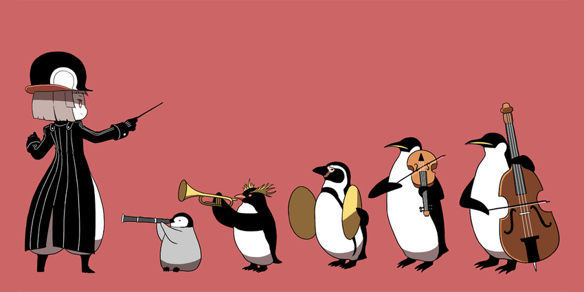 animal animal_hat baton_(instrument) bird bow_(instrument) cello conductor gloves hat instrument ken_(koala) orchestra original penguin penguin_(koala) simple_background trumpet violin white_skin