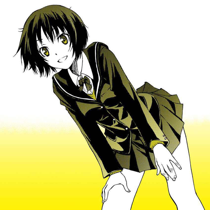 amagami hands_on_own_knees highres kibito_high_school_uniform leaning_forward long_sleeves monochrome pleated_skirt satou_atsuki school_uniform short_hair skirt smile solo tachibana_miya yellow yellow_eyes