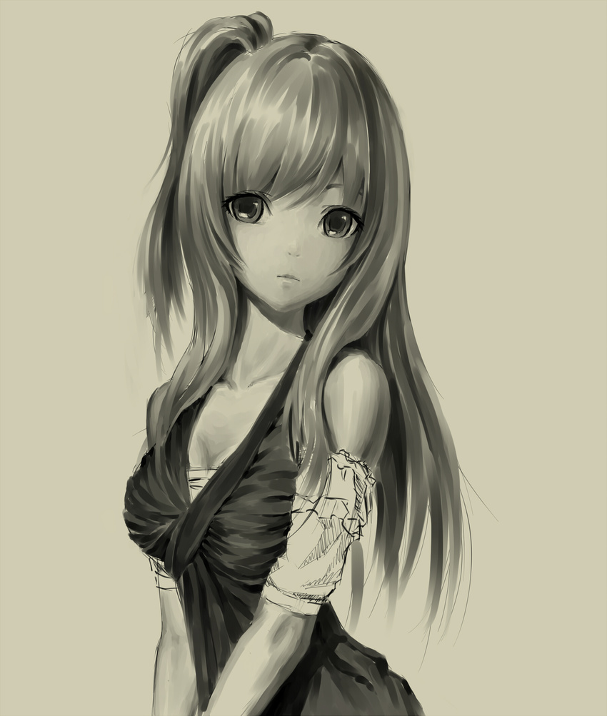 armband bare_shoulders breasts cleavage copyright_request dress face head_tilt highres lips long_hair looking_at_viewer medium_breasts monochrome ponytail sepia simple_background solo weky_(cldacg)