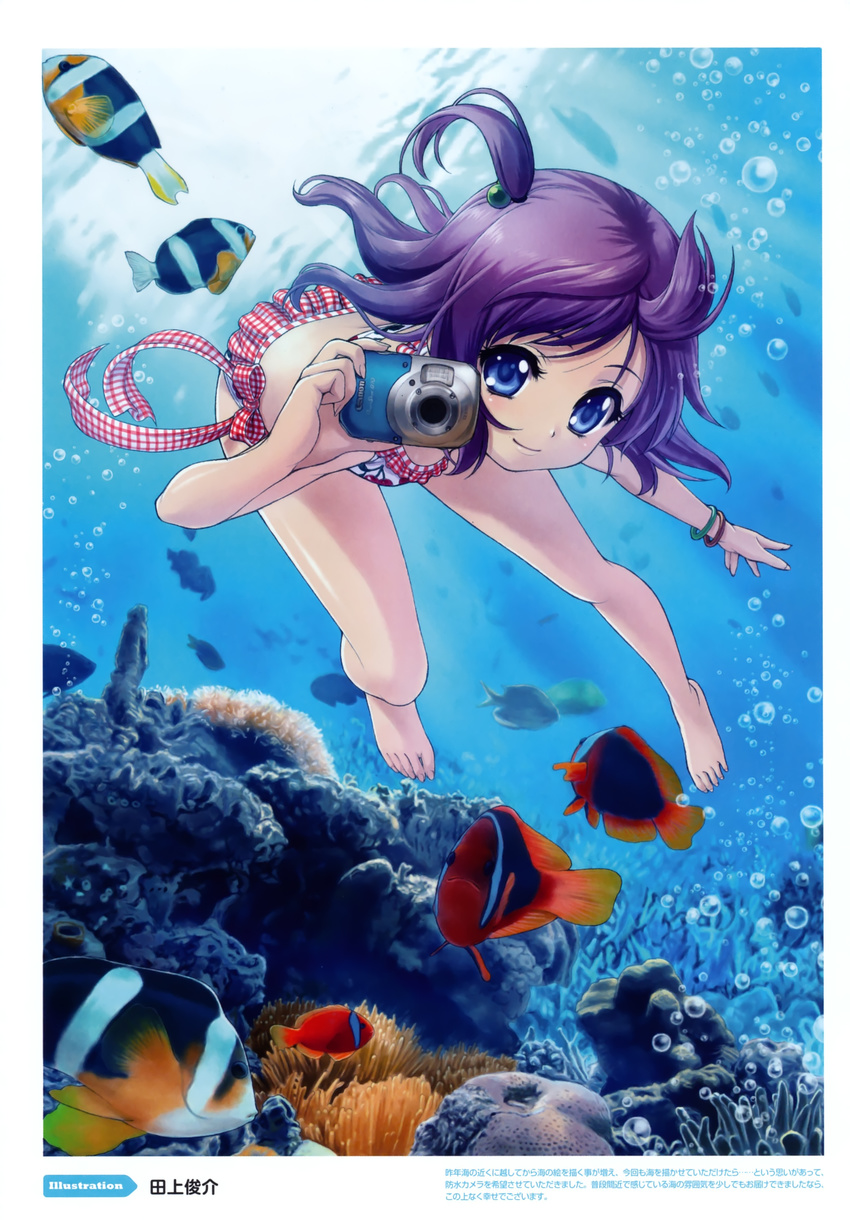 absurdres barefoot bikini blue_eyes bracelet bubble camera coral fish freediving hair_bobbles hair_ornament highres jewelry legs ocean original purple_hair scan short_hair side_ponytail smile solo swimming swimsuit taue_shunsuke underwater