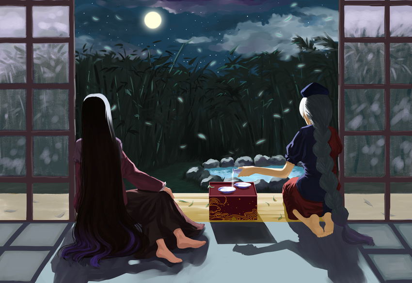 bad_id bad_pixiv_id barefoot black_hair bottle bowl braid dress floor full_moon hat houraisan_kaguya kneeling leaf long_hair moon multiple_girls nature night nurse_cap orangec shadow silver_hair sky star_(sky) starry_sky stone touhou very_long_hair water white_hair window yagokoro_eirin