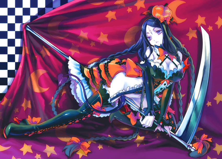 black_hair boots bow braid breasts cleavage covered_nipples cross-laced_footwear demon_tail fingernails food_themed_hair_ornament genderswap genderswap_(mtf) hair_ornament hakoiri_nekohime halloween high_heels highres jack-o'-lantern lace-up_boots large_bow legs long_fingernails long_hair medium_breasts moira no_panties pumpkin pumpkin_hair_ornament purple_eyes scythe shoes solo sound_horizon tail thanatos_(sound_horizon) thigh_boots thighhighs very_long_hair weapon