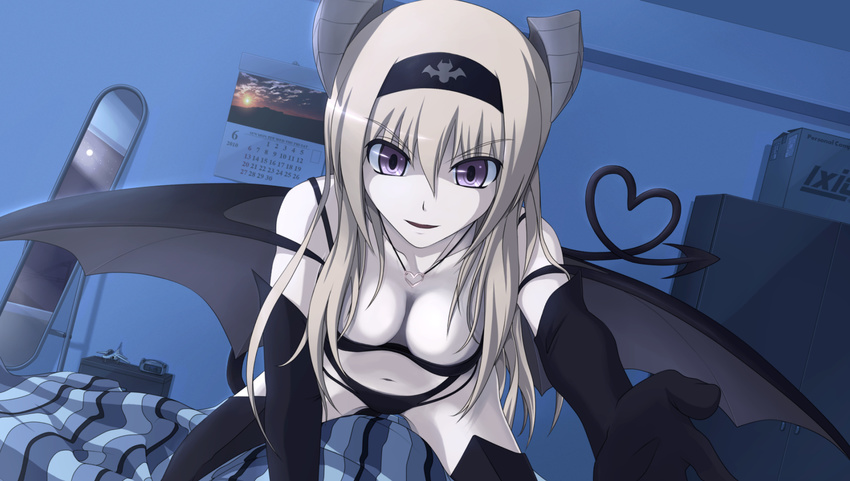 aircraft airplane bed blonde_hair box bra breasts calendar_(object) cleavage clock demon_girl demon_tail elbow_gloves gloves hairband headband heart heart_tail highres horns jewelry lingerie long_hair medium_breasts mirror moon necklace nm_(tshell2761) original panties purple_eyes succubus tail thighhighs underwear wings