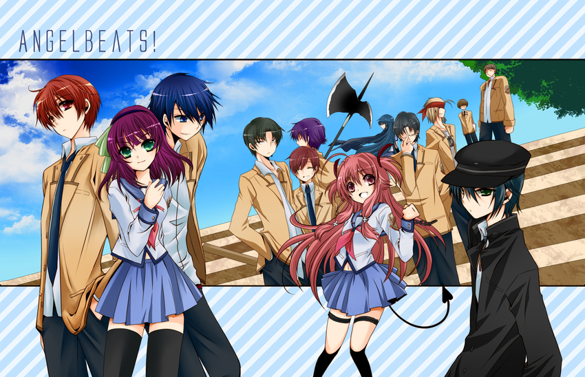 6+boys angel_beats! bad_id bad_pixiv_id blazer fujimaki_(angel_beats!) halberd hat highres hinata_(angel_beats!) jacket matsushita multiple_boys multiple_girls naoi_ayato noda_(angel_beats!) ooyama_(angel_beats!) otonashi_(angel_beats!) polearm school_uniform serafuku shiina_(angel_beats!) stairs takamatsu takeyama_(angel_beats!) thighhighs tk_(angel_beats!) usa_(cubic) weapon yui_(angel_beats!) yuri_(angel_beats!)