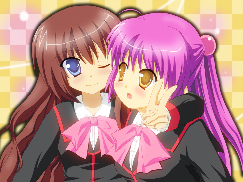 a-chan_senpai bad_id bad_pixiv_id blue_eyes bow brown_hair futaki_kanata highres hoshino_sora little_busters! long_hair multiple_girls pink_bow purple_hair school_uniform v yellow_eyes