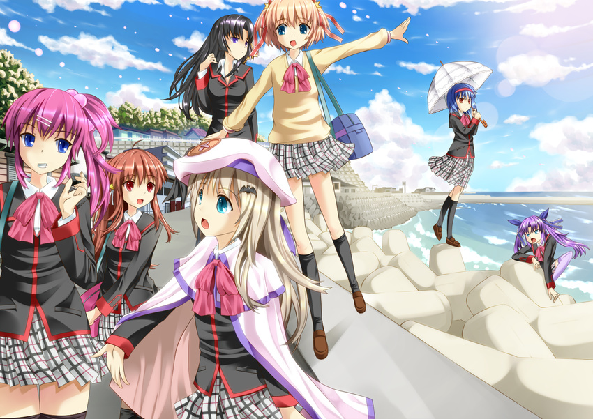 bad_id bad_pixiv_id bag bow kamikita_komari kurugaya_yuiko little_busters! multiple_girls natsume_rin nishizono_mio noumi_kudryavka onaka_sukisuki pink_bow saigusa_haruka sasasegawa_sasami school_uniform seaside shore tetrapod umbrella