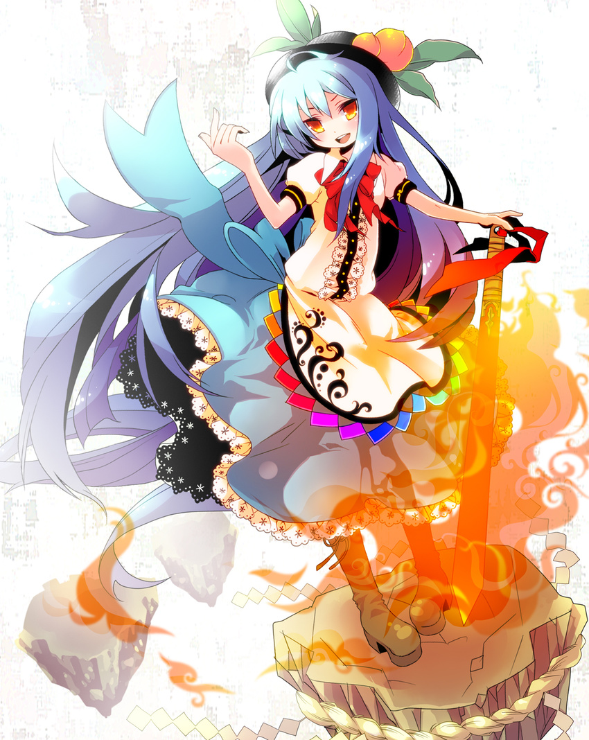 blue_hair food fruit hat highres hinanawi_tenshi keystone long_hair moonyan peach red_eyes rope shimenawa solo sword sword_of_hisou touhou weapon