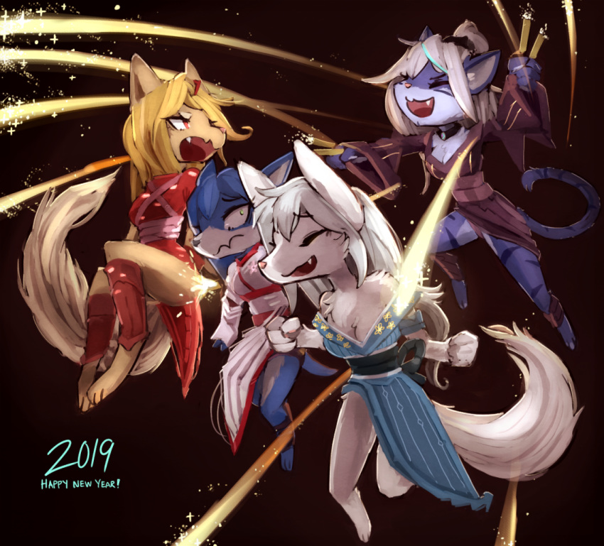 2019 anthro blonde_hair blue_hair breasts canine clothed clothing eyes_closed female group hair kameloh mammal smile white_hair