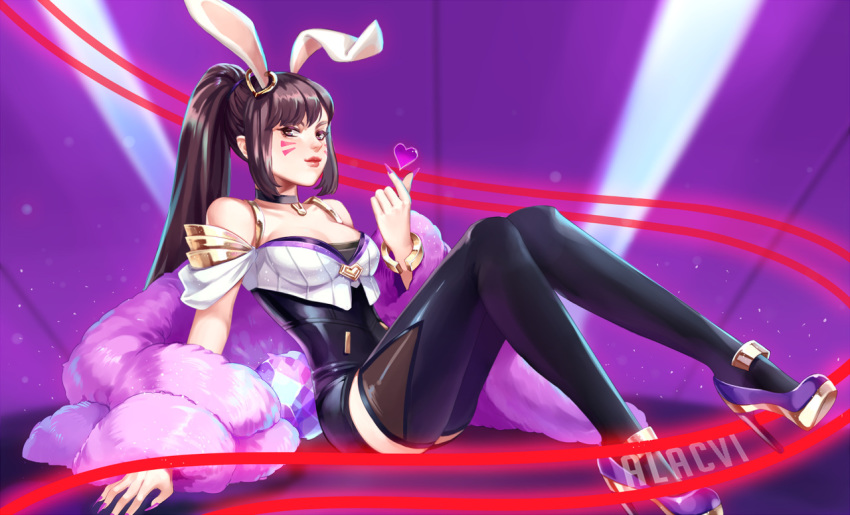 1girl ahri ahri_(cosplay) alacvi alternate_hairstyle animal_ears bangle black_legwear bracelet breasts brown_eyes brown_hair bunny_ears choker cleavage cosplay d.va_(overwatch) dress feather_boa fingernails full_body gem heart high_heels jewelry k/da_(league_of_legends) k/da_ahri league_of_legends long_fingernails long_hair long_legs looking_at_viewer medium_breasts nail_polish overwatch pink_nails platform_footwear platform_heels ponytail purple_footwear red_string short_dress sidelocks solo stiletto_heels string thighhighs whisker_markings