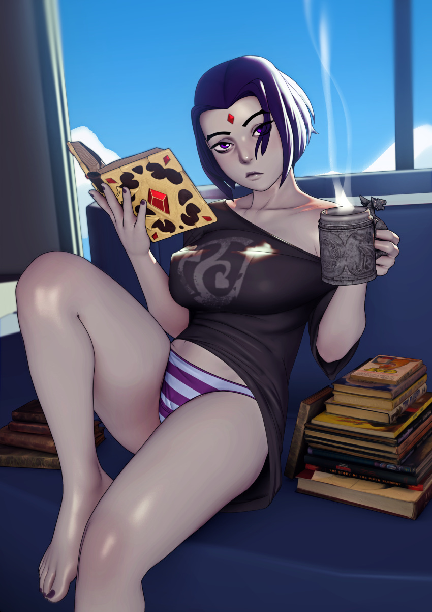 1girl absurdres backlighting book book_stack breasts casual coffee_mug collarbone commentary covered_nipples cup day dc_comics english_commentary forehead_jewel grey_skin highres john_doe leg_up lips looking_at_viewer medium_breasts mug no_bra no_pants nose open_book panties purple_eyes purple_hair purple_nails purple_panties raven_(dc) reading shirt short_hair solo striped striped_panties t-shirt teen_titans toenail_polish toes underwear window